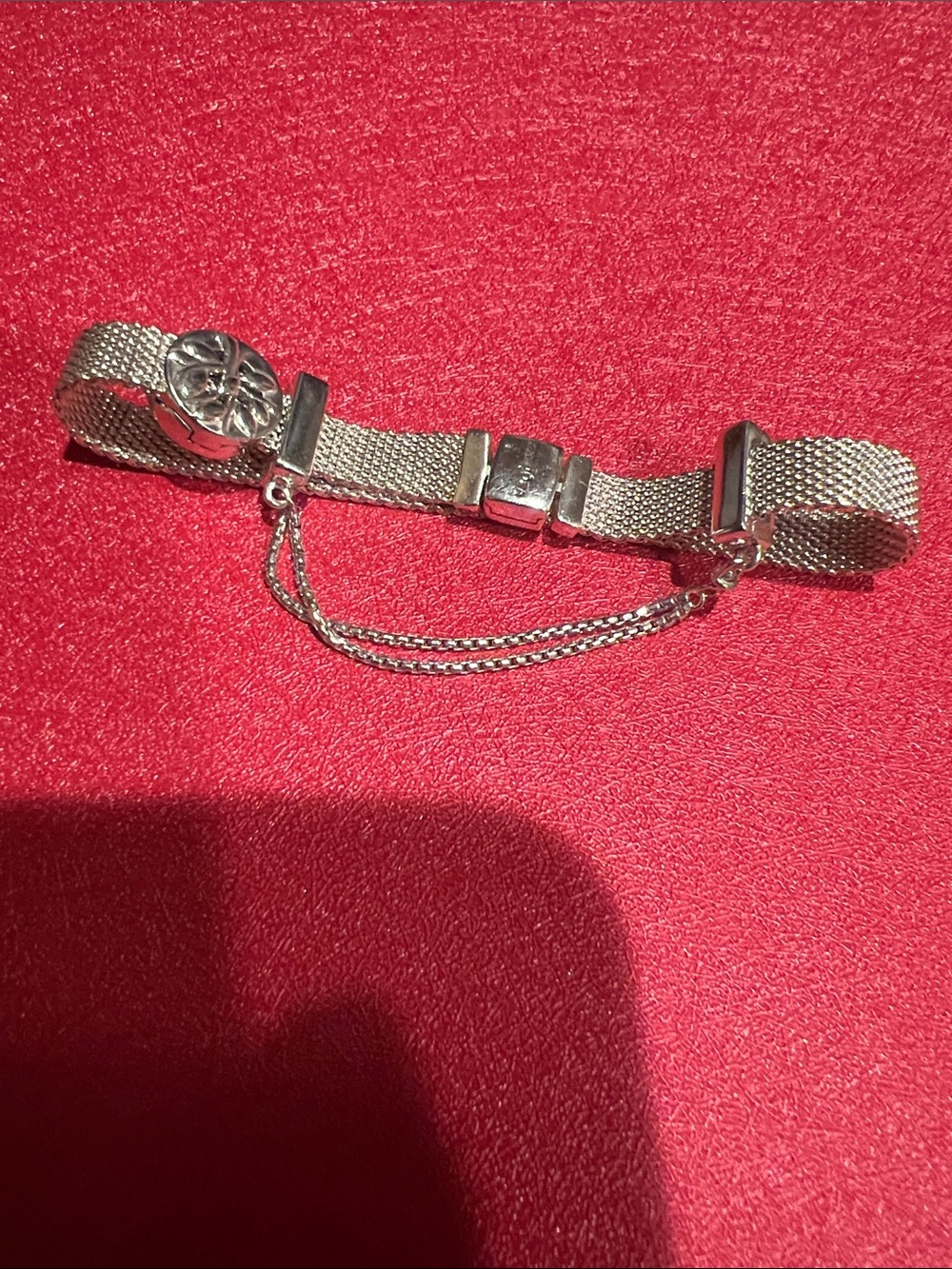 Pandora Sterling Silver Mesh Slide Bracelet with Safety Chain 6” long